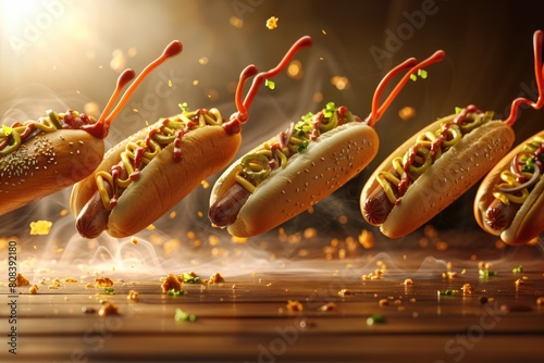 Levitating Hot Dogs Adorned with Condiments Against Warm Cherry Wood Backdrop with Sunlight and Backlight