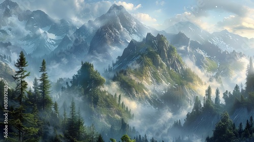 Capture the ethereal beauty of a foggy mountain peak in a photorealistic style Show intricate details like dewdrops on pine needles and mist swirling around craggy rocks