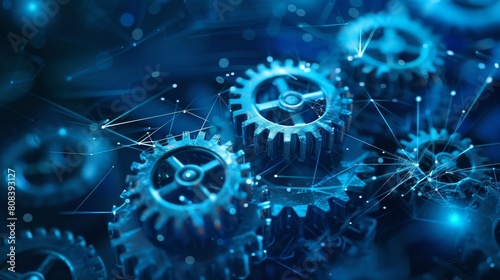Interconnected gears representing different CRM functions seamlessly integrating with AI technology,