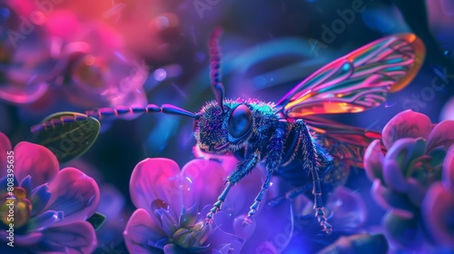Futuristic color neon of insect, buzzing in a digitally recreated habitat with solid color, kawaii template sharpen with copy space