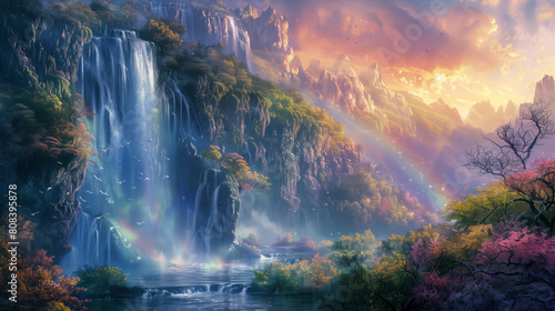 A majestic waterfall cascades down the mountainside, surrounded by lush greenery and colorful wildflowers. The rainbow in the sky reflects on its surface as it flows into an emerald lake below