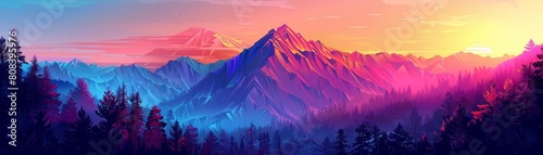 Futuristic Pop art style of a majestic mountain range, shown in solid color, crafted as an illustration template