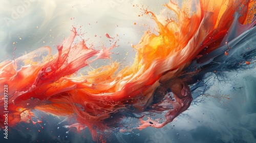 A vibrant and dynamic abstract composition capturing a vivid splash of red and orange colors in fluid, swirling motion.