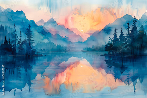 The watercolor painting shows a beautiful mountain lake at sunset
