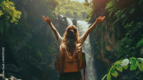 WOMAN WITH HER ARMS with her back open in nature in Latin America during the day in high resolution and high quality