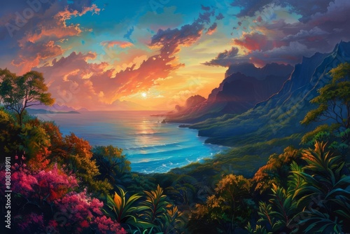 breathtaking sunset over ocean horizon majestic mountains and lush trees oil painting landscape