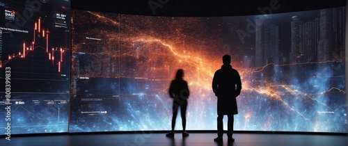 A silhouette of a person standing in front of a giant digital screen with a flow of data showing various cyber threats and vulnerabilities 