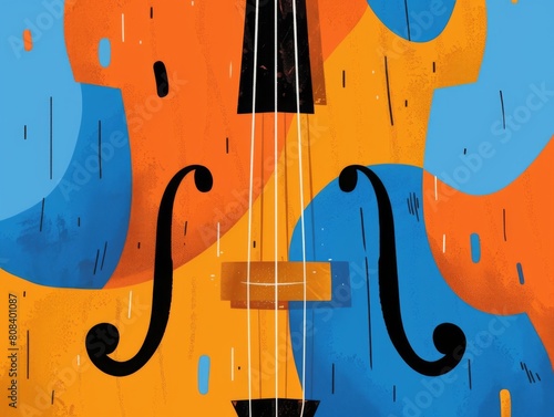 Abstract vector illustration of a double bass with vibrant shapes and lines on a colorful background.