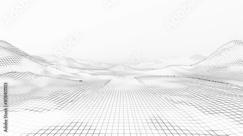 Vector illustration of a wireframe technology landscape, featuring a digital grid mesh on a plain white background