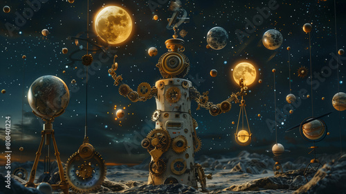 A whimsical clockwork juggler, with gears and pulleys that juggle planets and moons, performing a cosmic circus act under a starry sky