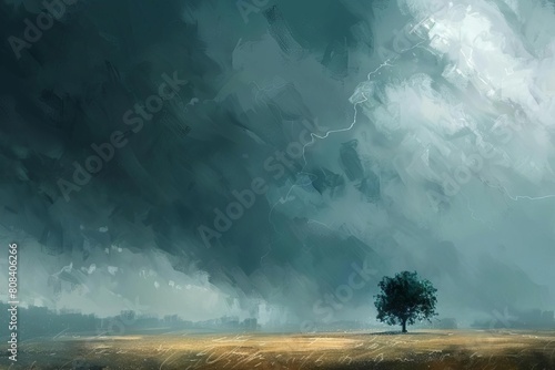 dramatic thunderstorm over rural fields with lone tree moody landscape digital painting 11