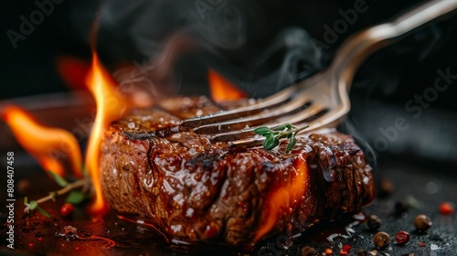 Food Photography Concept: Medium rare steak on iron fork with flames against dark backdrop