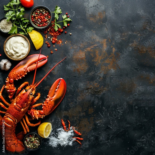 Big lobster with ingredients for black background