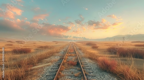 Evoke a sense of wanderlust and history with a photorealistic depiction of a meandering vintage railroad track disappearing into the horizon