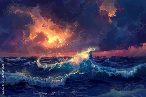 majestic sea landscape with roaring waves and towering shining presences dramatic stormy weather illustration