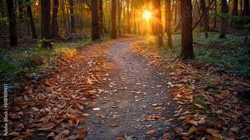 A serene forest path strewn with autumn leaves basks in the golden light of a setting sun