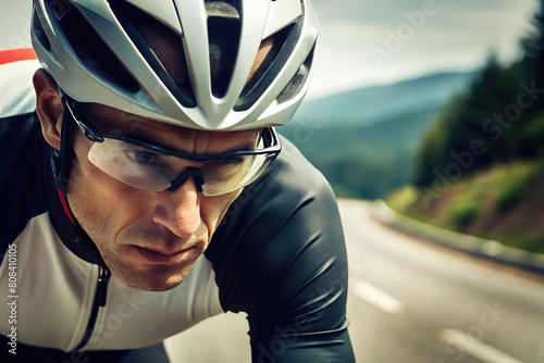 Close-up shot of professional cyclist concentrating on competition. AI generated