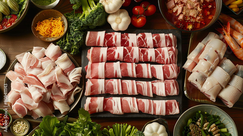 Asian Hotpot Delight: A delicious spread of fresh pork slices and veggies ready for dipping in a hot pot.