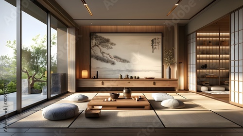 A contemporary Japanese living room with a wooden sideboard under a large sumi-e painting, with tatami mats and a floor cushion.