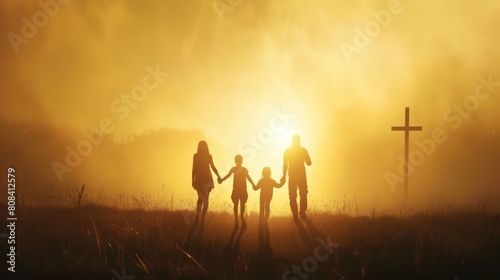 Silhouette of family walking towards a Cross in the sunset