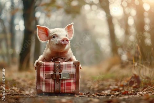 A piglet holding a suitcase, ready for an adventure
