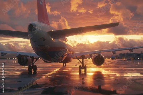 Airplane on the tarmac during a beautiful sunset