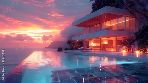 A cubic glass villa perched on a hillside, with a modern swimming pool illuminated by soft lights and reflecting the fiery colors of sunset.
