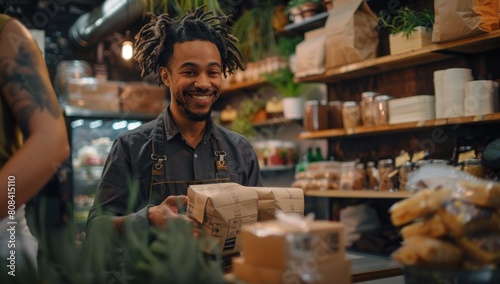 An engaging image of a small business owner chatting warmly with a customer while packaging their order, highlighting the personalized and friendly service they provide.