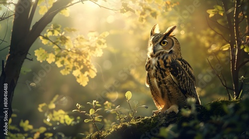 A high-definition 8K image showing a pair of owls perched in the sunlit forest