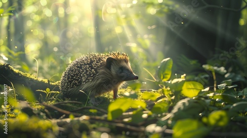 A high-definition 8K image showing a hedgehog wandering among the forest underbrush, illuminated by shafts of sunlight.