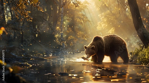 A high-definition 8K image showing a bear catching fish in a sunlit forest stream with beautiful, intricate details and realistic light.