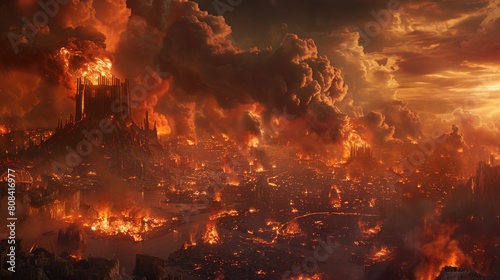 Close view of a city engulfed in hellfire, smoke clouds intertwining with streams of lava, all under a dark sky