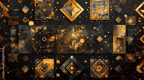 A modern batik pattern with a metallic sheen, showcasing geometric shapes and batik motifs rendered in gold, silver, and copper on a black background, metallic texture, geometric fusion