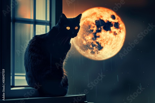 A black cat perched on a windowsill, silhouetted against a full moon with glowing orange eyes