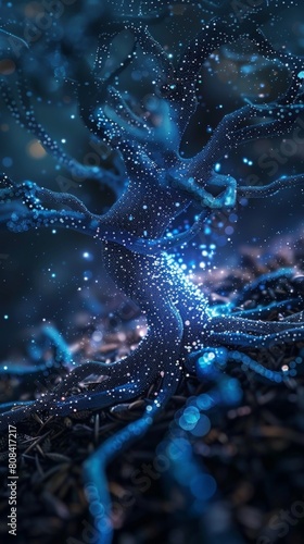A blue chain network forming the branches of a digital tree, its roots firmly anchored in a secure platform, representing the growth and stability of blockchain