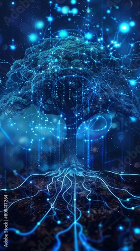 A blue chain network forming the branches of a digital tree, its roots firmly anchored in a secure platform, representing the growth and stability of blockchain