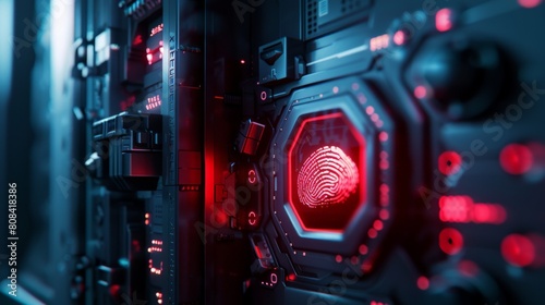 A digital fingerprint scanner glowing red as it denies access to a hightech security vault Render in a closeup 3D style with a focus on detail and texture