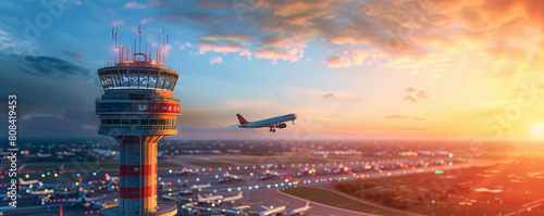 Highly detailed airport control tower overseeing blurred departing plane, wide copy space