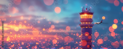 Sleek airport control tower, departing plane in bokeh with ample copy space