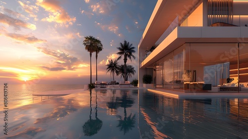 A luxurious glass villa with a geometric, cubic design, featuring an expansive swimming pool framed by palm trees at sunset.