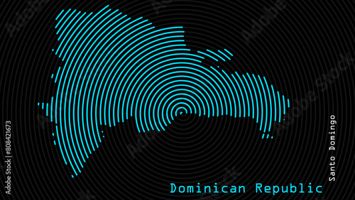 A map of Dominican Republic, with a dark background and the country's outline in the shape of a colored spiral, centered around the capital. A simple sketch of the country.