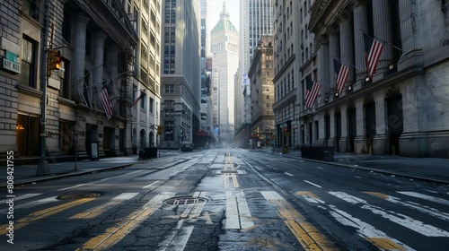 Empty Wall Street during the pandemic with a focus on closed financial institutions