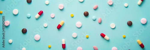 Photograph of various tablets on light blue background.
