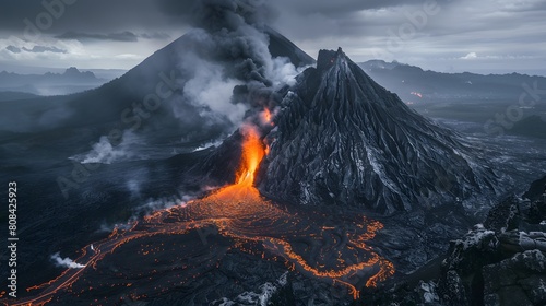 Photography of an active volcano erupting with hot lahar and thick smoke plumes