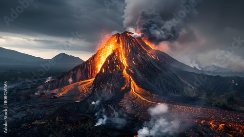 Photography of an active volcano erupting with hot lahar and thick smoke plumes