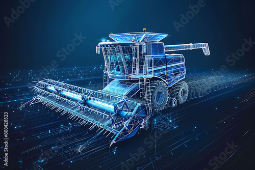  A wireframe-style illustration showcases a modern harvester in action, emphasizing its sleek design and efficiency in agricultural technology