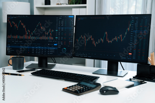Two screens of dynamic stock market exchange graph showing on computer. Automatically trading sell or buy profit on time application investment on financial technology updated on software. Infobahn.