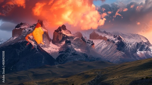 a landscape where fiery sunsets cast a warm glow upon mountainous peaks. Generative Ai
