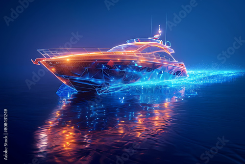 A sleek speedboat cruises gracefully on calm waters under the bright sun, embodying leisure and adventure on the open sea