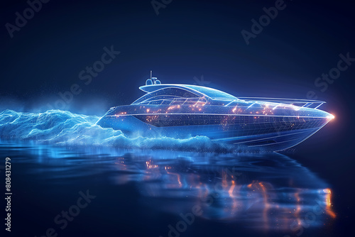 A sleek speedboat cruises gracefully on calm waters under the bright sun, embodying leisure and adventure on the open sea